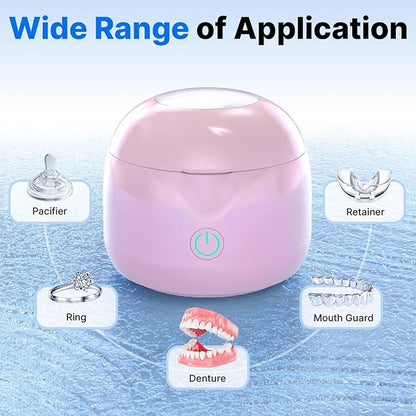 Ultrasonic Retainer Cleaner - UV Dental Cleaning Pod Night Guard Cleaner for Dentures, Aligner, Braces, Toothbrush Heads, Jewelry (Pink)