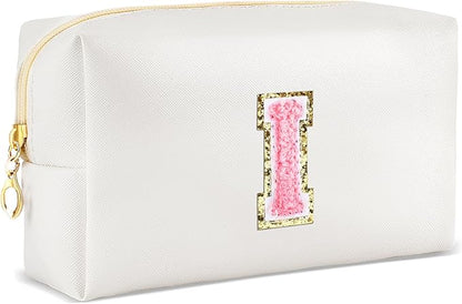 Initial Makeup Bag Personalized Preppy Travel Small Cosmetic Bag Cute PU White Chenille Letter Makeup Pouch for Purse Waterproof Zippered Toiletry Organizer for Women Girls Kids Friends (I)
