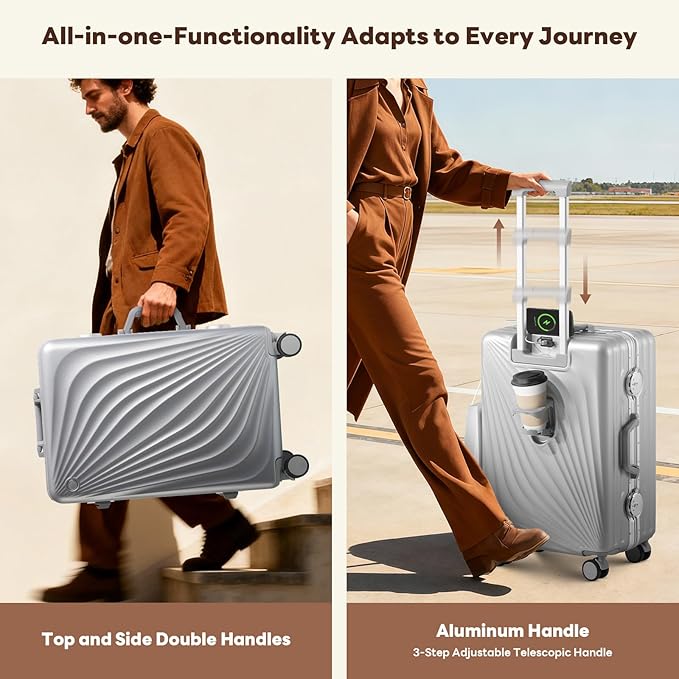 3-Piece Hardside Luggage Sets Aluminum Frame, 20+24+28 Inch Suitcases with USB Charging Port, Foldable Cup Holder, TSA Locks & Spinner Wheels for Travel, Silver