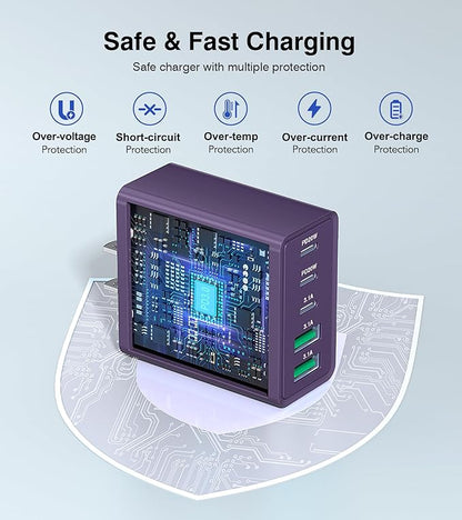 [2Pack] 60W USB C Plug,5-Port Fast Charger Block PD+QC Cube Wall Charging Box Brick for iPhone 17/16/15/14/13 for Samsung Galaxy S25/S24/S23/S22/S21+/S21 Ultra, Magsafe Wireless Charger,(Purple)