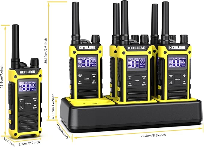KETELESE T3F Walkie Talkies 6 Pack for Adults, IP67 Waterproof 2 Way Radios Rechargable, with Earpiece and Mic, Shock Resistant, Dual PTT, One Key Group Call, VOX, NOAA&Wheather Alert, Black/Yellow