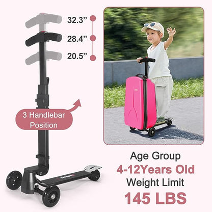 iubest Scooter Luggage Carry On Scooter Suitcase for Kids Age 4-15, Detachable & Foldable 4 in 1 Kids Suitcase, Multifunctional Ride On Travel Trolley Scooter Combo-Rose Pink