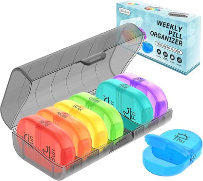 Serfeymi Weekly Pill Organizer 2 Times a Day Travel Medicine Pill Organizer AM PM Pill Box 7 Day with Protection Pill Case Daily Medication Organizer For Vitamins, Fish Oil-Black Case+Rainbow Pill box