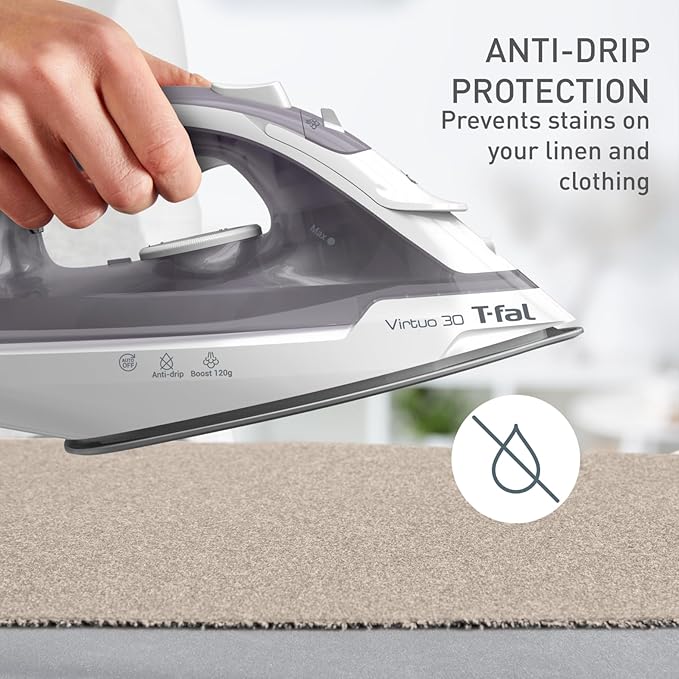 T-Fal Virtuo Steam Iron for Clothes with Retractable Cord, Portable Iron and Steamer for Clothes, Ceramic Nonstick Soleplate, 1500 Watts, Anti-Drip, Auto-Off, Scratch Resistant, Grey