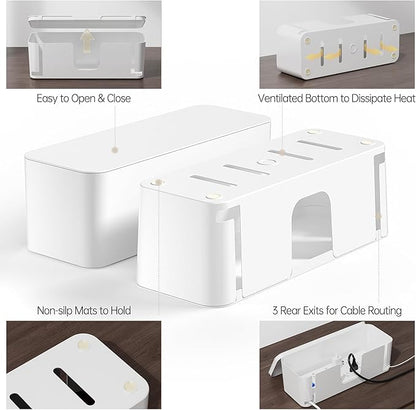YECAYE 2 Pack Cable Management Box, Pet Friendly Cord Organizer Box for Home & Office, Child-Proof Cable and Power Strip Protector Box, Wire Hider and Cord Organizer for Desk, White