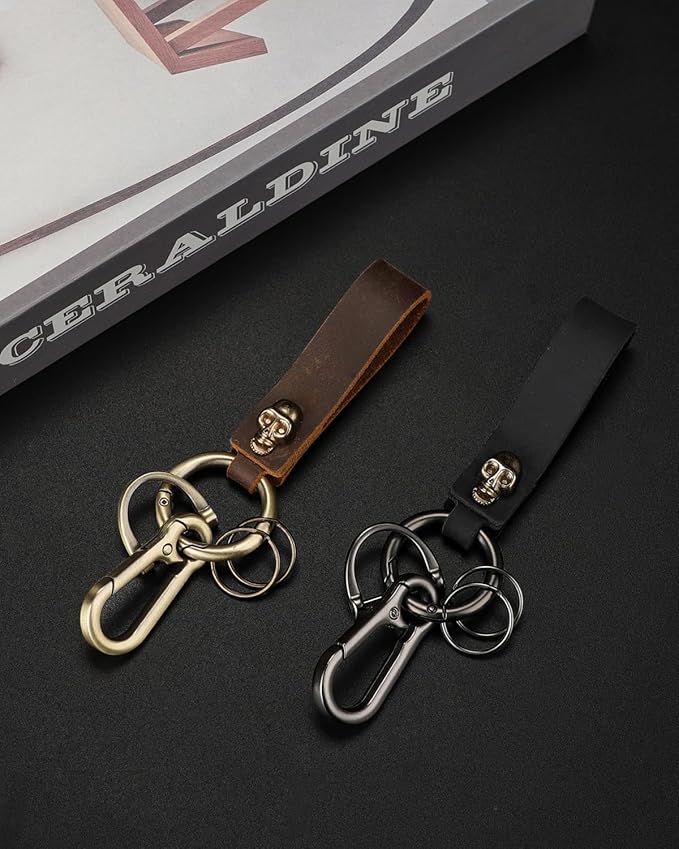 Teskyer Genuine Leather Keychain with Carabiner Clip and Key Ring, Vintage Key Chain Holder for Home/Car Keys