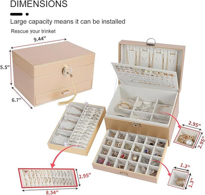 BOOVO Earring Jewelry Box For Women Girl Stud Organizer, 5 Layers Girl Jewelry Organizer Box With Lock Earring Holder Organizer Necklace Ring Jewelry Organizer Box For Girls (Champagne)