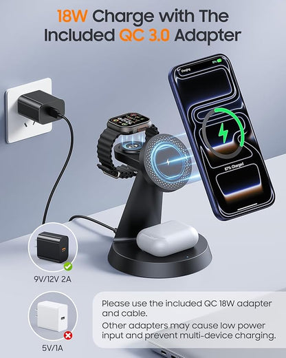 3 in 1 Magnetic Charging Station for Apple Devices, 15W Fast Wireless Charger Compatible with MagSafe Charging Stand Dock for iPhone 17 16 15 14 13 12, Watch Charger Stand for Apple Watch & Earbuds