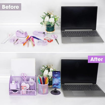 Desk Organizers and Accessories, Office Supplies 15PS Set with Stapler, Staple Remover, Pen Holder, Clips Set, Tape Dispenser, Tape, Phone Holder, 1000 Staples, Ruler, Scissors (Purple)