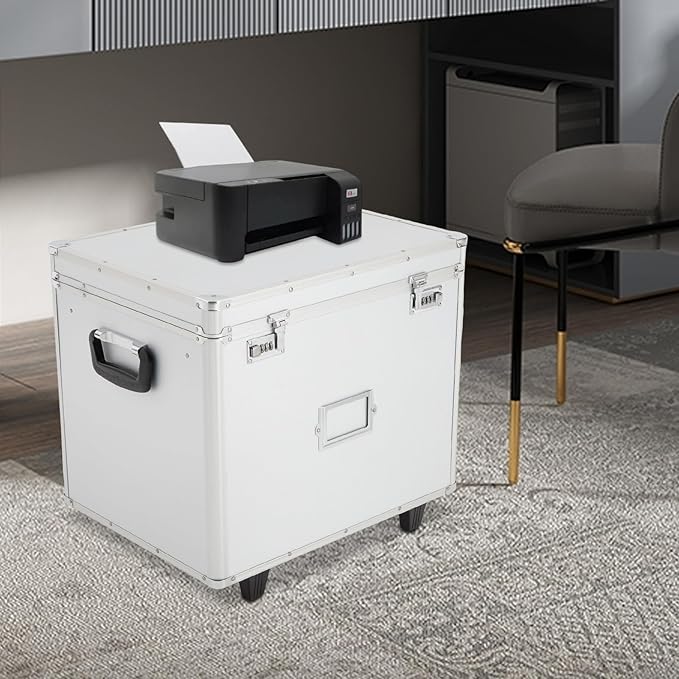 Modern Aluminum Alloy File Lock Box with Wheels and Telescopic Handle, Silver, Rectangular, Portable, Water Repellent, 19.2 x 15 x 16 inches, 7 Compartments, Locking Mobile Business Case