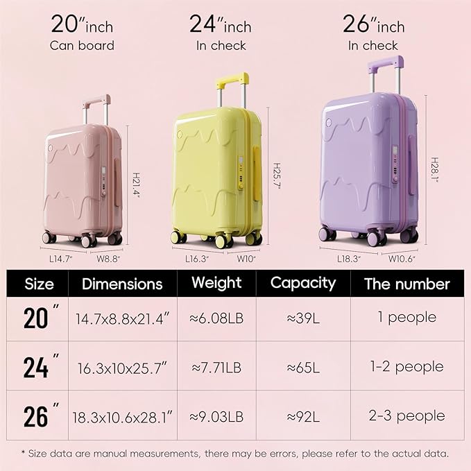 ROAMING 26 Inch Pink PC Hard Sided Checked Large Luggage with TSA Lock Cup Holder USB Charging Port and Spinner Wheels Lightweight Durable Ice Cream Travel Suitcase for Women Melt into Journeys