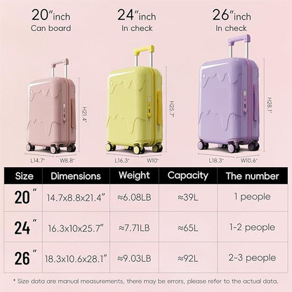ROAMING 24 Inch PC Hard Sided Pink Checked Luggage with TSA Lock Cup Holder USB Charging Port and Spinner Wheels Lightweight Durable Ice Cream Travel Suitcase for Women Melt into Journeys