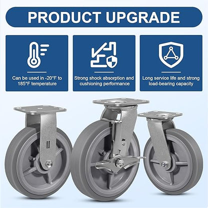 8 Inch Rubber Wheels (Flat Tread)- Heavy Duty Casters, Industrial Caster Wheels- with up to 1200 LB Capacity- Use for Dollies, Utility and Maintenance Carts(1 Swivel)