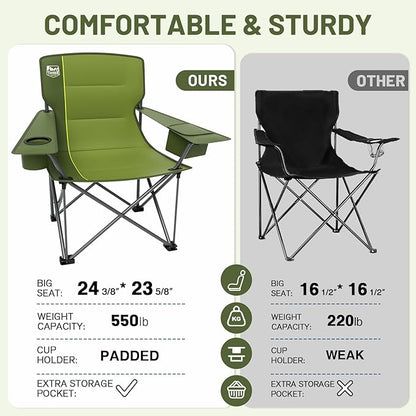 TIMBER RIDGE Oversized Folding Camping Chair for Adults, Support 550 LBS Heavy Duty with Cup Holder Side Pocket for Camping, Lawn, Picnic, Green