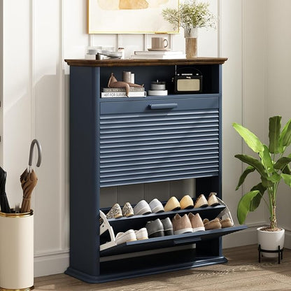 Fluted Shoe Cabinet for Entryway, Modern Shoe Storage Organizer with 2 Flip-Down Drawers & Adjustable Shelves, Hidden Narrow Slim Shoe Rack for Hallway, Mid-Century Modern Furniture, Dark Navy Blue
