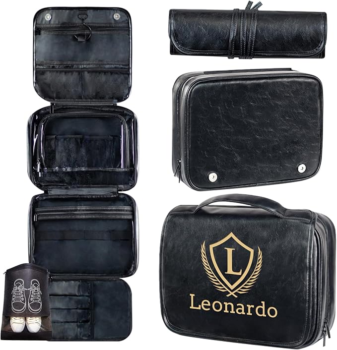 ORYG Customizable 3-in-1 Hanging Toiletry Bag - PU Leather Initial Engraving Storage Pouch - Ideal Gift for Dad, Husband, or Boyfriend (Black)
