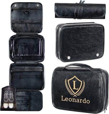 ORYG Customizable 3-in-1 Hanging Toiletry Bag - PU Leather Initial Engraving Storage Pouch - Ideal Gift for Dad, Husband, or Boyfriend (Black)
