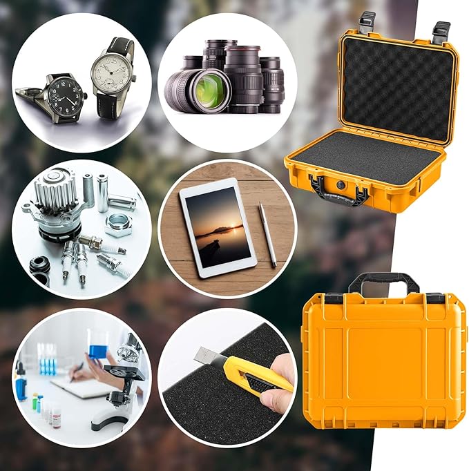 1 Pcs 11.3 x 8.7 x 4.2 Inch Waterproof Hard Case with DIY Customizable Foam Insert Portable Protective Case with Knife for Camera Drones Equipments Tools Test Instruments (Yellow)