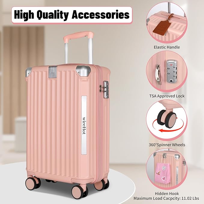 22x14x9 Airline Approved Vintage Style Carry On Luggage with Backpack Sets for Women, ABS+PC Hardshell Small 20 inch Retro Suitcase with Protective Cover & Tag (Pink, 20in/BP/TB)