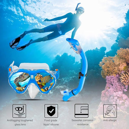 Kids Snorkeling Set Children Mask Fin Snorkel Set Snorkeling Gear Snorkel Mask + Adjustable Swimming Kids Flippers+ Dry Snorkel Tube + Travel Bags