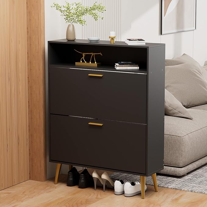 JOZZBY Shoe Cabinet for Entryway, Narrow Shoe Storage Cabinet with 2 Flip Drawers, Freestanding Hidden Shoe Rack Storage with Open Shelves for Hallway, Living Room, Set of 2, Black