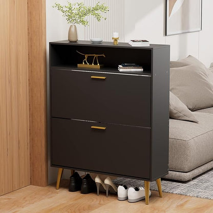 JOZZBY Shoe Cabinet for Entryway, Narrow Shoe Storage Cabinet with 2 Flip Drawers, Freestanding Hidden Shoe Rack Storage with Open Shelves for Hallway, Living Room, Set of 2, Black