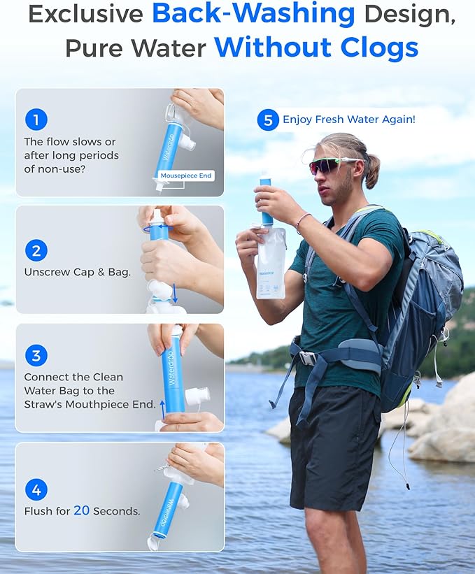 Waterdrop Gravity Water Filter Straw, Camping Water Filtration System, Water Purifier Survival for Travel, Backpacking and Emergency Preparedness, 1.5 gal Bag, 0.1 Micron, 5 Stage Filtration