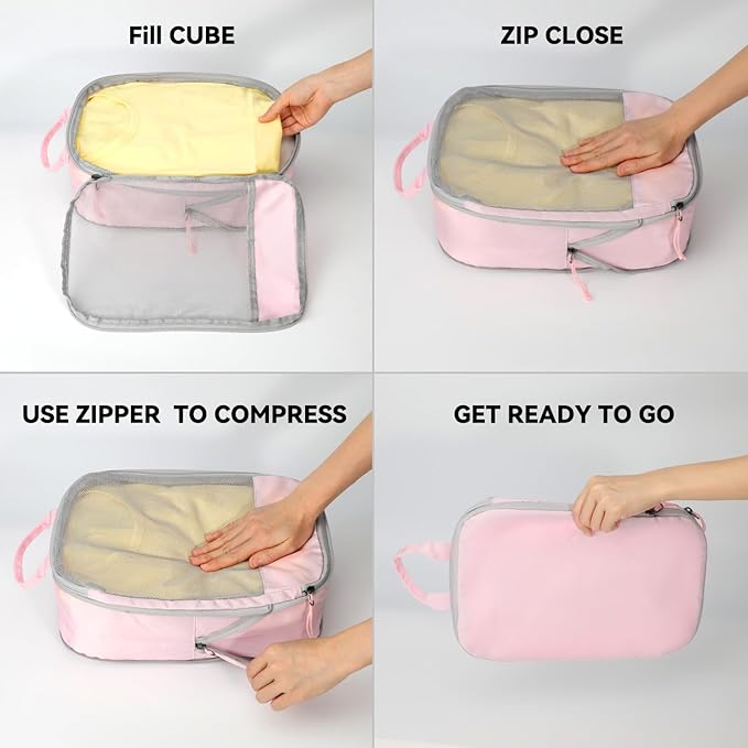 Voova 6 Set Compression Packing Cubes, Travel Accessories Expandable Packing Organizer Bags Set for Carry on Suitcase, Durable Luggage Packing Cubes for Travel Essentials, Pink