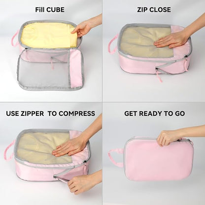 Voova 6 Set Compression Packing Cubes, Travel Accessories Expandable Packing Organizer Bags Set for Carry on Suitcase, Durable Luggage Packing Cubes for Travel Essentials, Pink