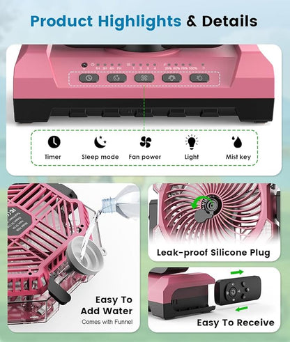Misting Fan - Pink Portable Rechargeable Fan with 9oz Water Tank, Light, Hook - Versatile, 120H MAX Cooling, Last 5H Mist, 4 Speed, Sleep Mode - Outdoor Fans for Camping, Travel, Patios