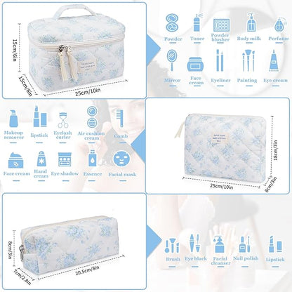 Makeup Bag Set, Quilted Makeup Bag, Large Floral Cosmetic Bag for Women, Cute Cotton Makeup Bags, Flower Travel Toiletry Organizer Bag (Blue Rose)