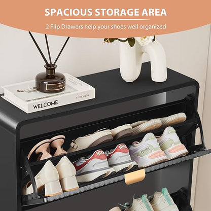 RARZOE Fluted Shoe Storage Cabinet with 2 Flip Drawers, Narrow Curved Shoe Cabinet for Entryway, Freestanding Wood Hidden Shoe Organizer Closed Shoe Rack Cabinet for Foyer, Hallway (27.5''Black)