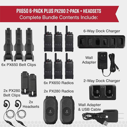 Cobra Business Radio Bundle – 8 Professional Walkie Talkies (2 PX280, 6 PX650) + 2 Headsets - Compact Long-Range Two-Way Radios, Dock Chargers, IP54 Durable, Rechargeable
