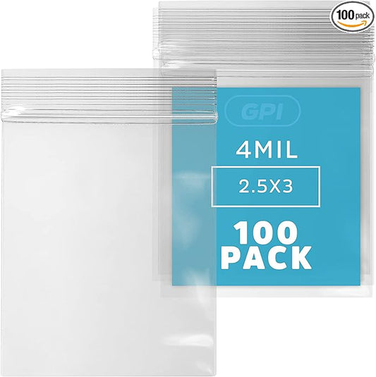 2.5 x 3 inches, 4Mil Clear Reclosable ZIP Bags, Case of 100 - GPI Brand