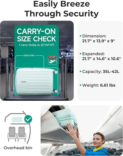 BAGSMART Carry On Luggage 22x14x9 Airline Approved with Spinner Wheels,100% PC Hardside Expandable Luggage with TSA Lock for Trips, 20 Inch Rolling Suitcases for Men Women,Green