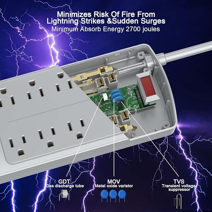 Surge Protector Power Strip - Nuetsa Flat Plug Extension Cord with 8 Outlets and 4 USB Ports, 6 Feet Power Cord (1625W/13A), 2700 Joules, ETL Listed, Grey