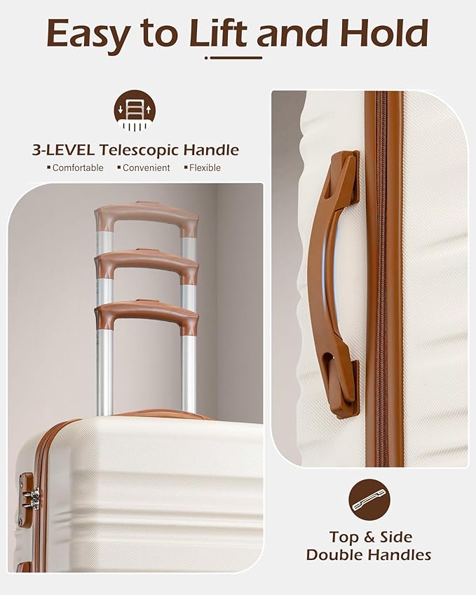 LONG VACATION Carry On Luggage Sets 3 Piece 20 Inch Suitcase Set, ABS+PC Hardshell Lightweight Travel Luggage with Spinner Wheels & YKK Zipper TSA Lock (20 INCH (BP/TB), BEIGE-BROWN)