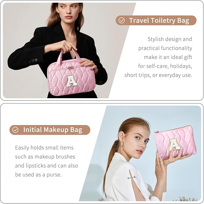 YOOLIFE Gifts for Friends - Friendship Gifts for Women, Travel Toiletry Bag for Women, Hanging Toiletry Bag, Monogrammed Initial Toiletry Pouch Makeup Bag - Letter F Pink