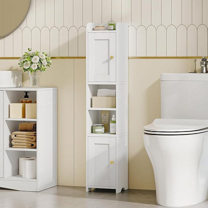 Slim Bathroom Storage Cabinet, Narrow Storage Cabinet with 2 Doors, Open Space，Adjustable Shelf, Freestanding Bathroom Organizer for Laundry Room, Kitchen, Living Room, White 022413X
