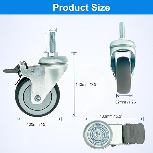 4 inch Swivel Caster Wheels Heavy Duty with Nylon Brake, 1/2" x13-1-1/2 Threaded Stem Casters Set of 4, TPR Rubber Wheels for Hospital, Lab, Furnitures,Restaurant