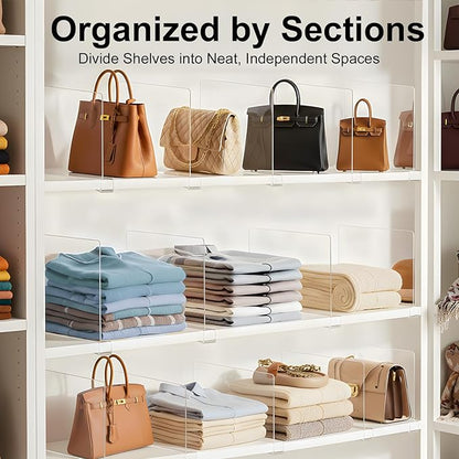 Purse Organizer for Closet Shelf Dividers: 6-Pack Adjustable Clear Acrylic Bag Storage Organizer for Handbags, Sweaters, Towels, Jeans and Shoes on Wood Shelves