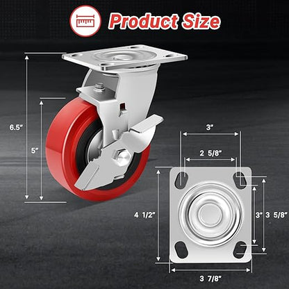 Nefish 5 Inch Industrial Grade Casters Wheels, Heavy Duty Polyurethane Casters Set of 4 with Dual Ball Bearing, Solid Polyurethane Wheel 3500 Lb, Plate Swivel Casters for, Industrial, Equipment