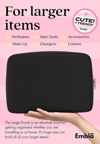 Embla Makeup Bag Travel Cosmetics Pouch and Toiletry Bag, Nylon Zipper Pouch Purse, Cute Make Up Organizer Storage Tote for Women Girls, Waterproof Travel Skincare Case, Large Makeup Bags, Black