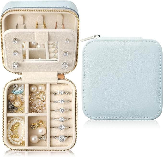 Genuine Leather Travel Jewelry Case Organizer with Mirror for Women, Small Jewelry Box Portable Mini Jewelry Case for Earring, Ring, Necklace, Bracelet（Lychee Grain Blue）
