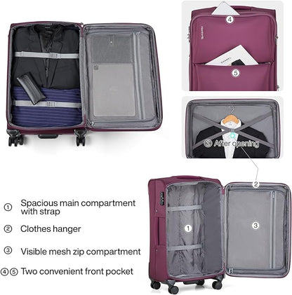 Hanke Softside Expandable 20 Inch Carry On Luggage with Wheels Airline Approved, TSA Luggage Lightweight Rolling Suitcases for Travel Carry On Bag(Purple)