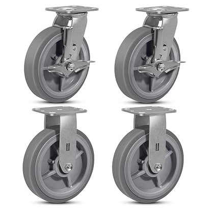 8"x2" Rubber Wheels (Flat Tread)- Heavy Duty Casters, Industrial Caster Wheels- Set of 4 with up to 4800 LB Capacity- Use for Dollies, Workbench(2 Brake &2 Rigid)