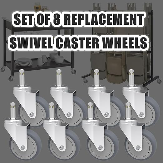 4-Inch Swivel Stem Caster, 7/16-Inch Stem Diameter Rubber Wheel, Heavy Duty TPR Replacement Wheels for Rubbermaid Mop Bucket Cart Grill Casters - 8 Pack