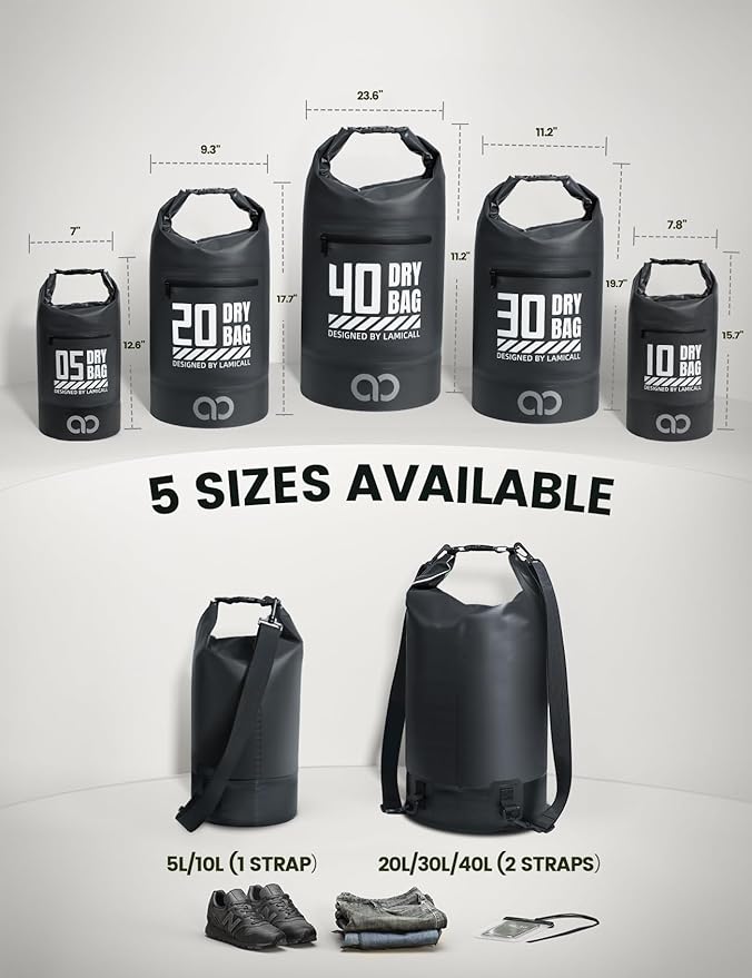 Lamicall Dry Bag, Waterproof Bag - [Durable & Floating] 5L/10L/20L/30L/40L Roll Top Drybag with Water Proof Phone Pouch for Travel Swimming Boating Kayaking Paddle Board Camping Beach Accessories