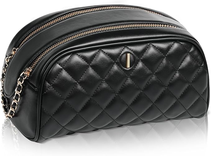 COSHAYSOO Unique Christmas Valentines Easter Mothers Day Travel Gifts for Women Mom Teacher Nurse Adult Daughter, Black Personalized Makeup Bag Quilted Leather Cosmetic Bags Monogram Initial Letter I