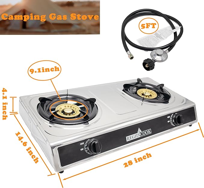 Double Burner Propane Gas Cooktop,Camping Portable LPG Gas Stove, Auto Ignition Stainless Steel Countertop with Regulator and Burner Grate